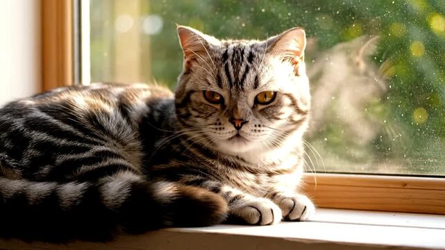 Close-up of a domestic tabby cat lying comfortably on a sunny window sill, slowly blinking and meowing toward the camera.