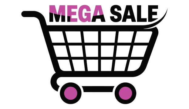 Colorful illustration of a shopping cart with a mega sale banner on top