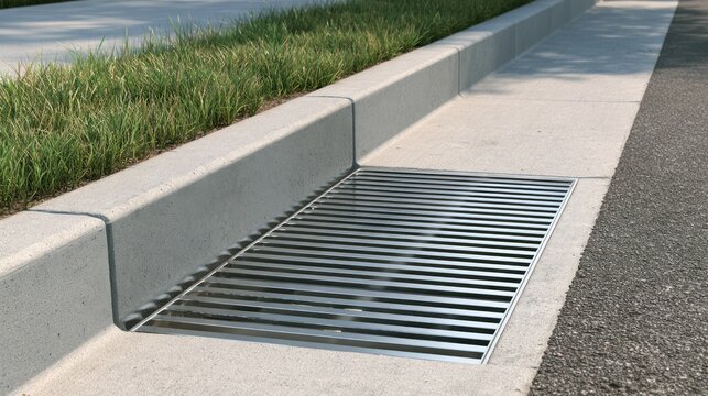 Storm Drain Grate on Curb: A close-up view of a metal storm drain grate situated on a concrete curb next to an asphalt road, with green grass bordering the sidewalk.