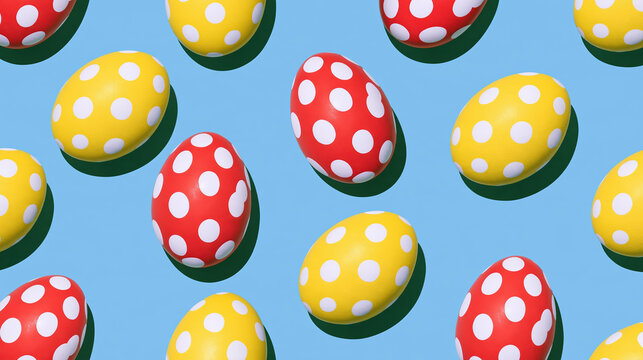 Pastel Easter egg pattern, colorful polka dot design, seamless on blue background, creating cheerful spring holiday mood