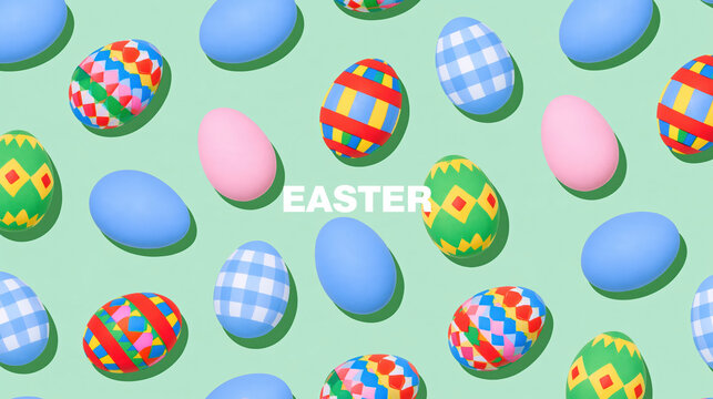 Pastel Easter egg pattern with colorful geometric designs on mint green background, creating cheerful spring holiday decoration
