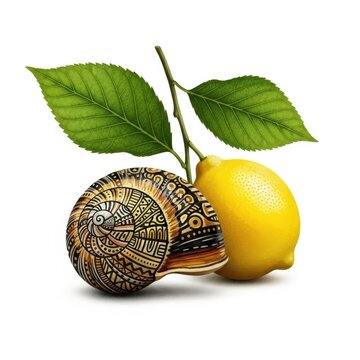 Decorative Snail with Spiral Shell Beside Fresh Yellow Lemon