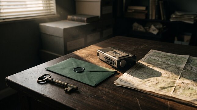 Vintage detective desk setup with green sealed envelope, old key, retro cassette recorder, and map in moody office