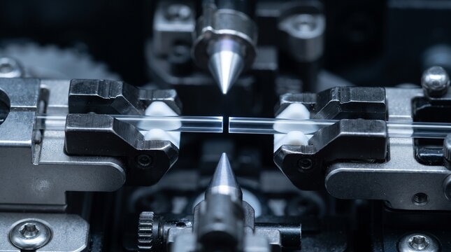 Fiber optic fusion splicer machine preparing cables for telecommunications