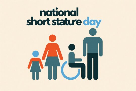National Short Stature Day concept with minimalist icons of diverse people. Family including child, person in wheelchair stand together. Graphic design promotes awareness about height difference,