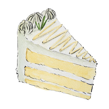 Triangle Slice of Soft Milk Cream Cake Handmade Watercolor Illustration Isolated on White Background
