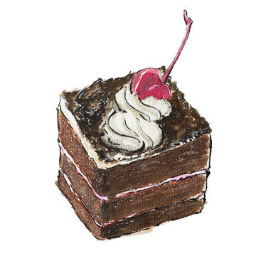 Delicious Black Forest Cherry Cake Square Slice Handmade Watercolor Illustration Isolated on White Background