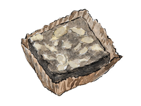 Almond Brownie on Baking Paper Watercolor Illustration