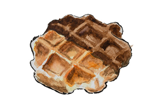 Crispy Belgian Waffle Dipped in Dark Chocolate Handmade Watercolor Illustration Isolated on White Background