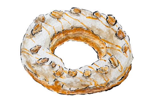 Caramel White Chocolate Macadamia Donut Watercolor Illustration