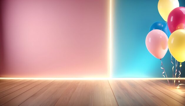 Pastel room backdrop with balloons and glowing border lights