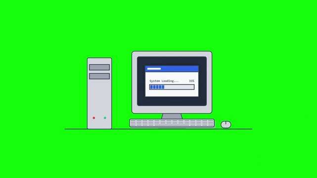 Minimalist Flat Vector Retro Desktop Computer on Green Screen Chroma Key. 4K Video