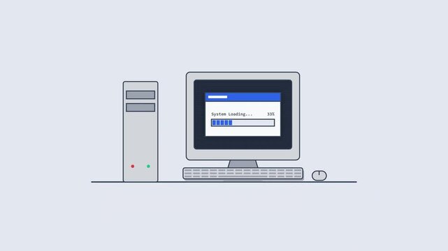 Minimalist Flat Vector Retro PC Workstation with System Loading Display. 4K Video