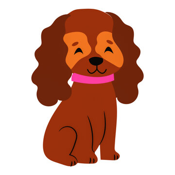 Cocker spaniel puppy sitting happily with long brown floppy ears wearing a bright pink collar against a clean white background in a cute vector illustration
