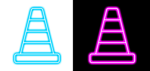 Traffic road cone icon with striking neon blue and pink glowing outlines for safety construction work site zone marking visual alert. © Pure Pixels (PNG)