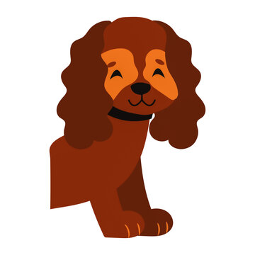 Cute brown spaniel puppy smiling with happy facial expression in a cute cartoon vector illustration style featuring simple graphic shapes against clean white background
