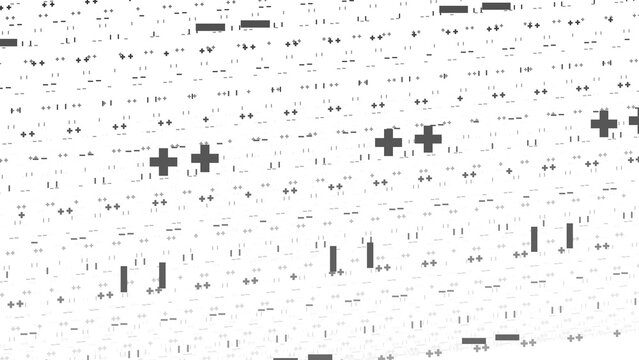Minimalist monochrome pattern with repeating plus signs and geometric shapes on a stark deep dark surface