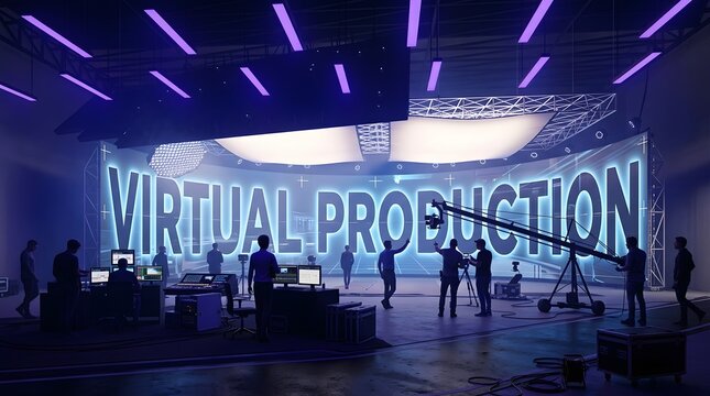 Modern filmmaking environment featuring a massive LED volume for virtual production with silhouettes of professional crew members and equipment
