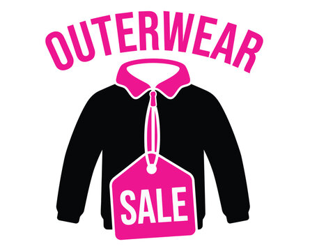 Bright pink and blue graphic of outerwear with a sale tag illustration