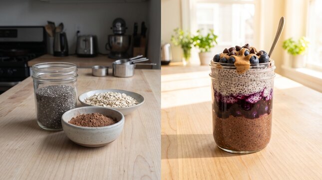 Chia pudding ingredients and a prepared jar of chia seed pudding on table