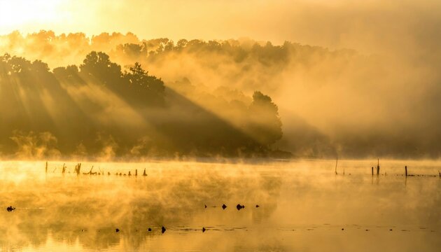Golden sunlight streams through morning fog over a tranquil river landscape at sunrise