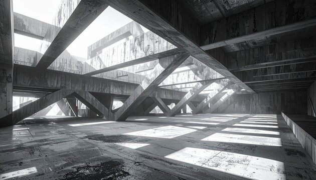 Interlocking Geometric Concrete Beams Create a Brutalist Architectural Space with Dramatic Light and Shadows