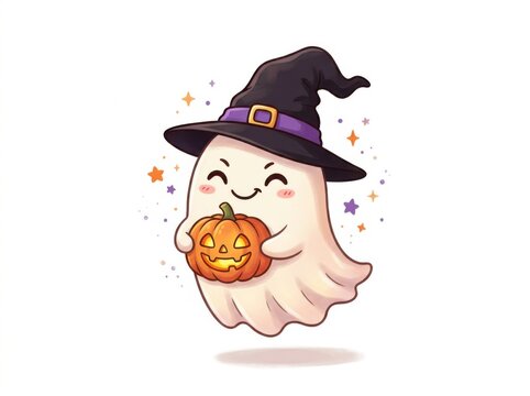 Cute halloween ghost with witch hat and pumpkin isolated on white