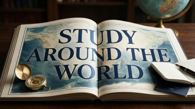 Study Around the World Open Book and Globe