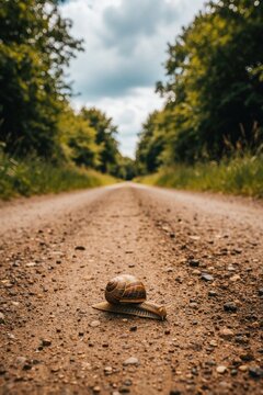 Small snail crawls on dirt road in forest. Brown mollusc with spiral shell moves slowly along gravel path. Macro view of garden gastropod traveling through nature during summer day under cloudy sky