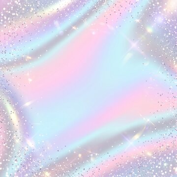 Iridescent holographic gradient background in pastel pink, baby blue and silver with fine glitter sparkles and soft light flares, dreamy modern design