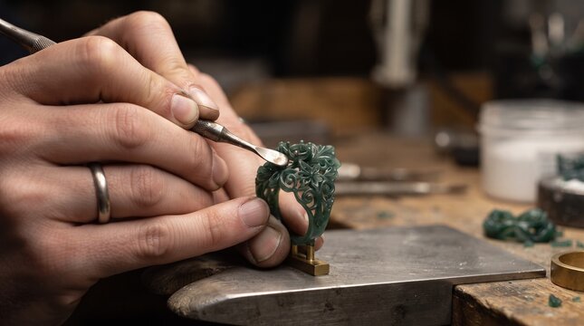 Jeweler shaping intricate green wax ring prototype with small carving tool