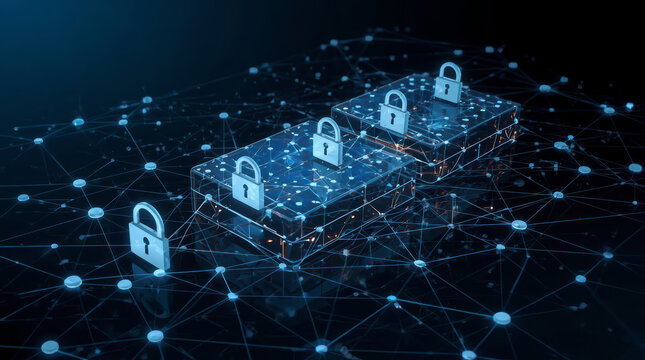 Quantum security migration concept connects glowing digital network with locked data blocks