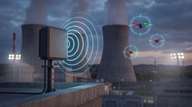 Anti drone radar system protecting industrial plant, counter drone defense sensor detecting uav surveillance, nuclear power facility security concept