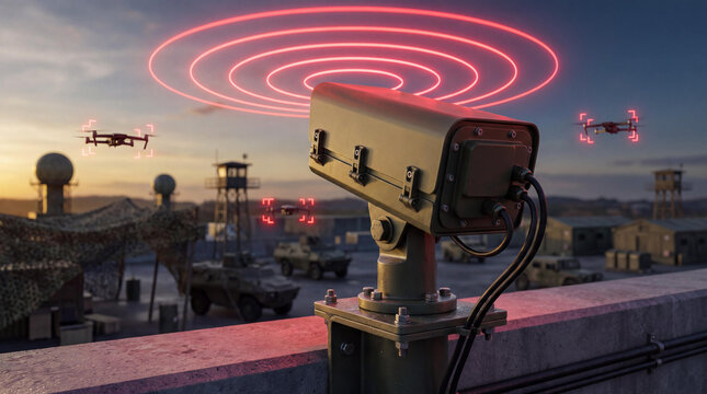 Futuristic CCTV security camera with radar signals, autonomous surveillance drones monitoring military base border defense system