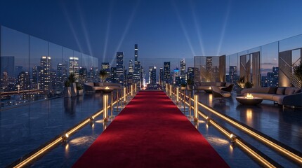 Plakat Red carpet premiere rooftop lounge city skyline luxury event venue.