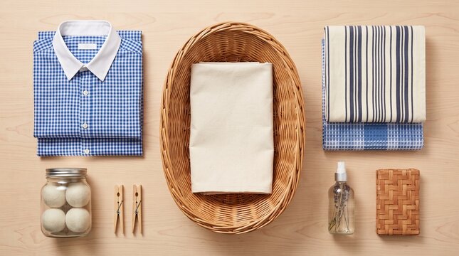 Neatly folded clothes, wicker basket, and laundry accessories on wooden surface