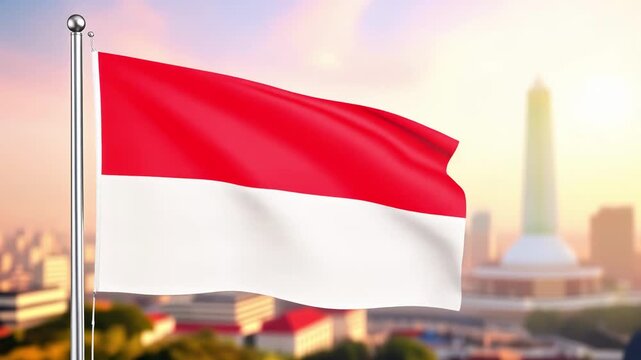 The national flag of Indonesia flutters gracefully against a blurred backdrop of Jakarta's skyline at dawn.