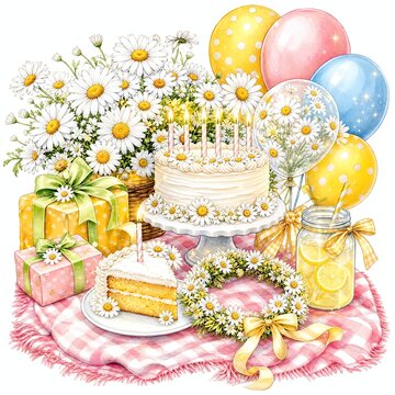 Daisy Picnic Blanket With Flower Crown and Cake Slice