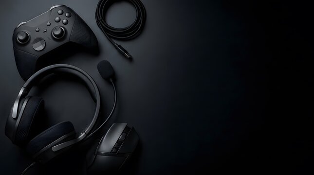 Professional black gaming gear including headset mouse and controller on dark background.