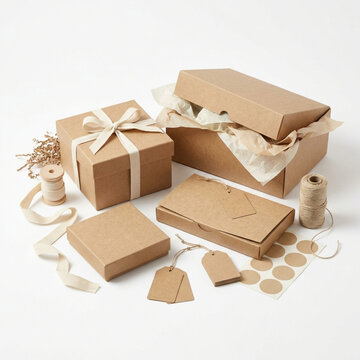 Set of brown cardboard gift boxes with green ribbons and craft paper tags for presents