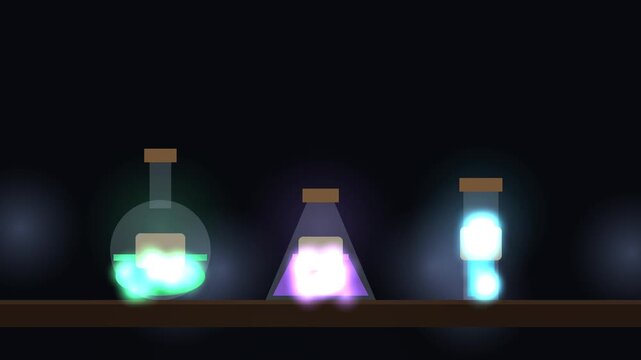 Bubbling magic potion flasks with glowing liquids, Halloween night loop