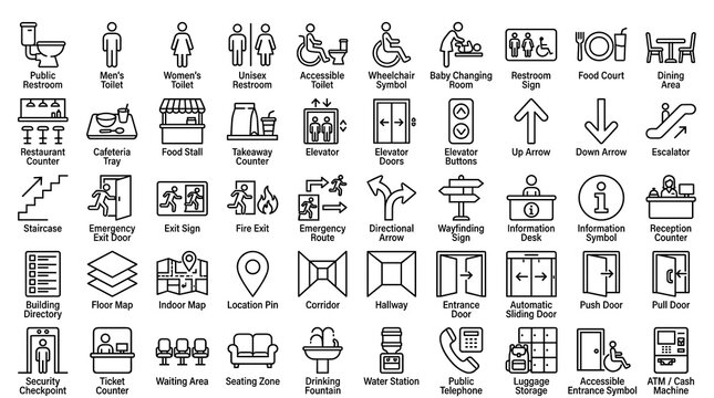 50 Public Facility and Indoor Navigation Line Icons Featuring Toilets Food Courts Elevators Exit Doors and Wayfinding Symbols