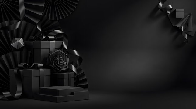 Black gift boxes with ribbons and decorative paper fans on dark podium background for luxury product marketing.