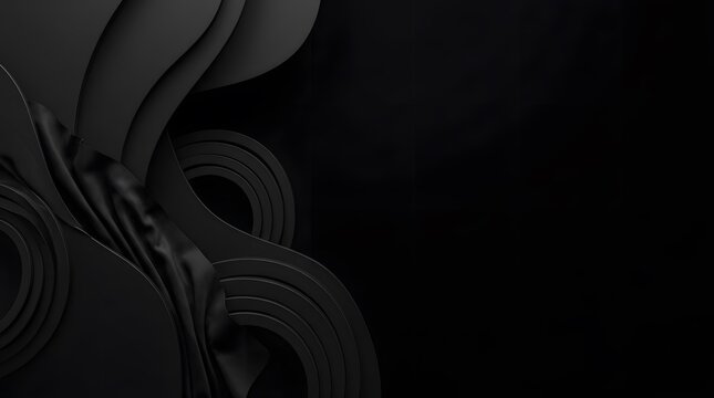 Abstract flowing black fabric and concentric circular shapes for minimalist dark banner design.