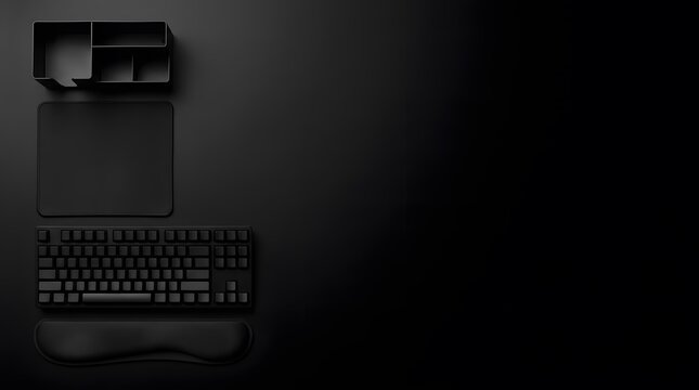 Minimalist black desk setup with keyboard, mouse pad, wrist rest, and organizer for office or gaming environments.