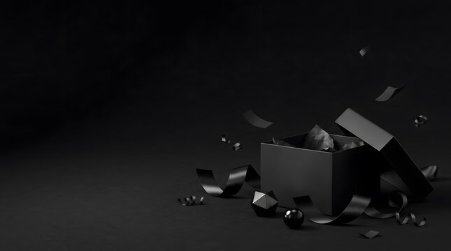Black gift box with lid ajar, spilling out ribbons and abstract geometric shapes, symbolizing a mysterious reveal.