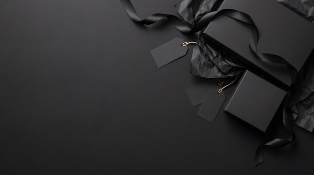 Stack of black gift boxes with black ribbon and gift tags, perfect for luxury branding or special occasion announcements.