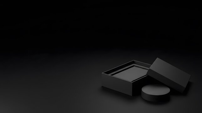 Black square box with lid open and round base on dark background for product display.