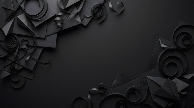 Black paper geometric shapes and swirls for decorative background design with copy space.