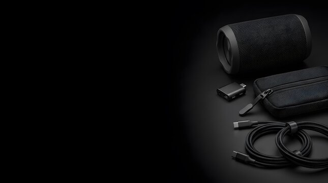 Electronic gadgets collection including wireless speaker and cables on black background.